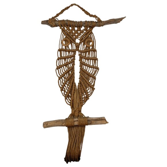 Vtg Boho 70s Handmade Macrame Owl Wall Hanging Jute Driftwood Hippie Rope Art - Picture 2 of 10